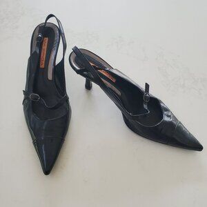 Via Spiga Black Leather Kitten Heel Slingbacks/Pointed Patent Tip & Heel 8.5